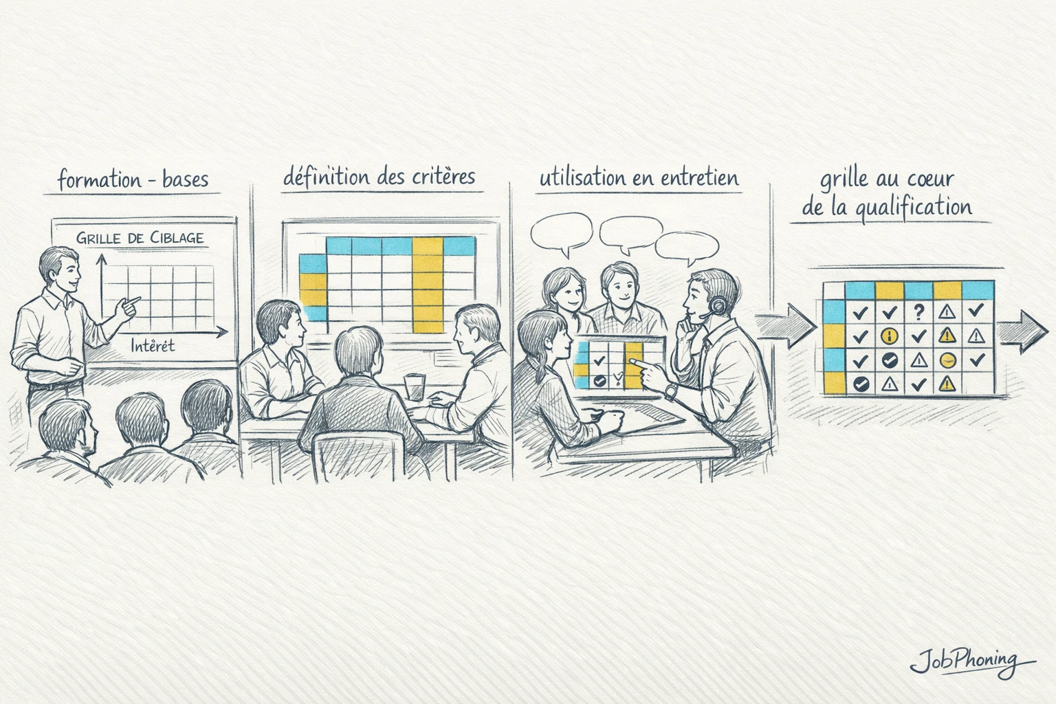 Schéma représentant un parcours de formation commerciale via un enchaînement de blocs reliés à une