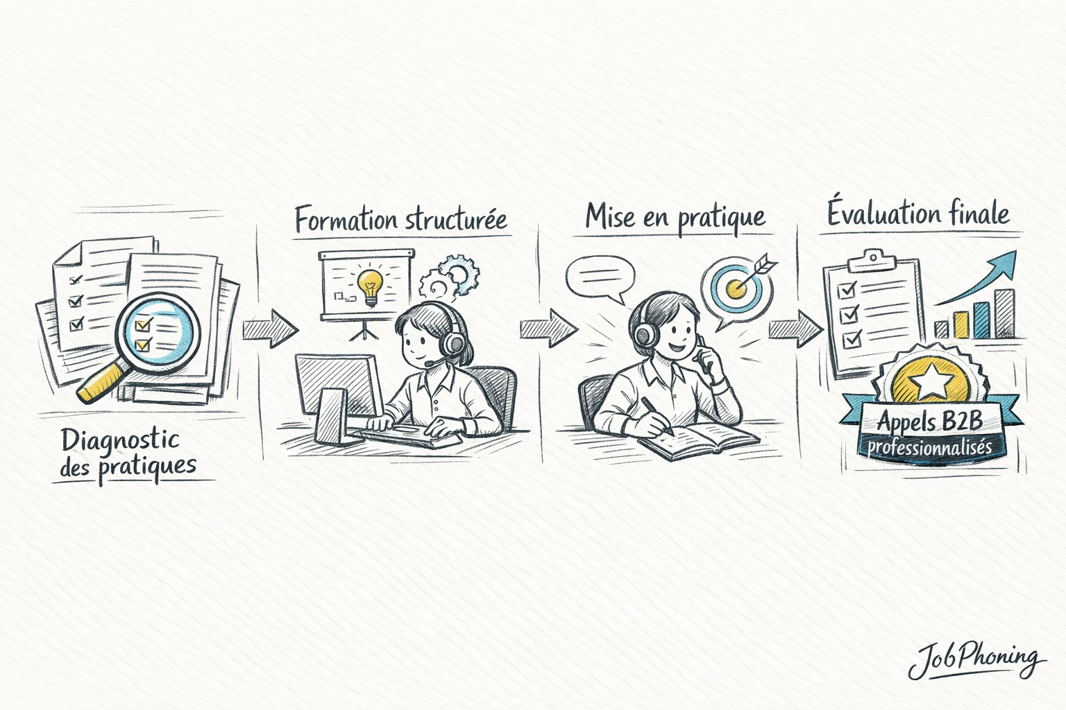 Schéma représentant un parcours de formation téléphonique via blocs connectés et flèches séquentielles épurées.