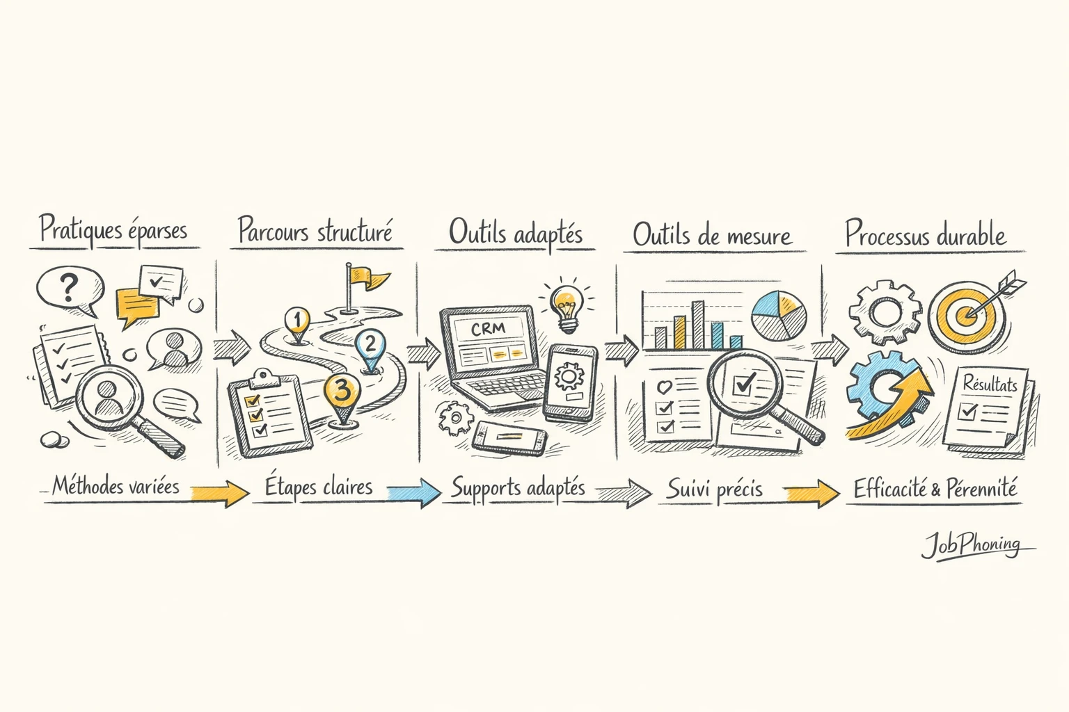 Schéma représentant un parcours de formation à la qualification via blocs reliés et flèches colorées.