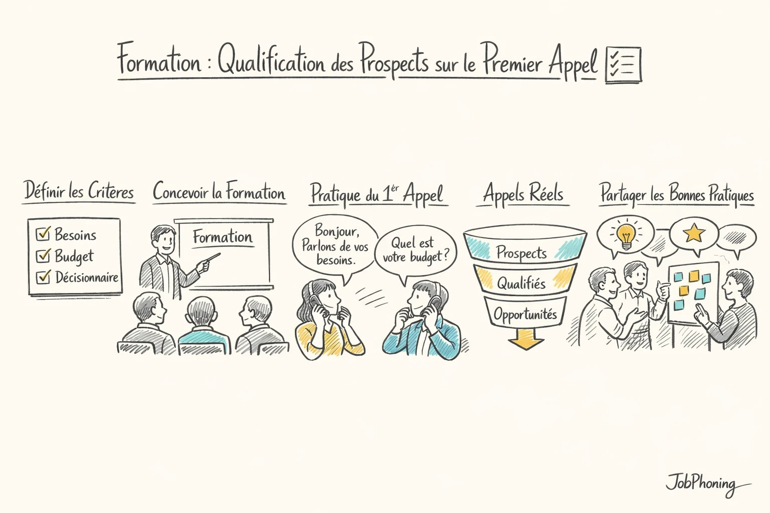 Schéma représentant un parcours de formation commerciale via un enchaînement de blocs et flèches colorés.