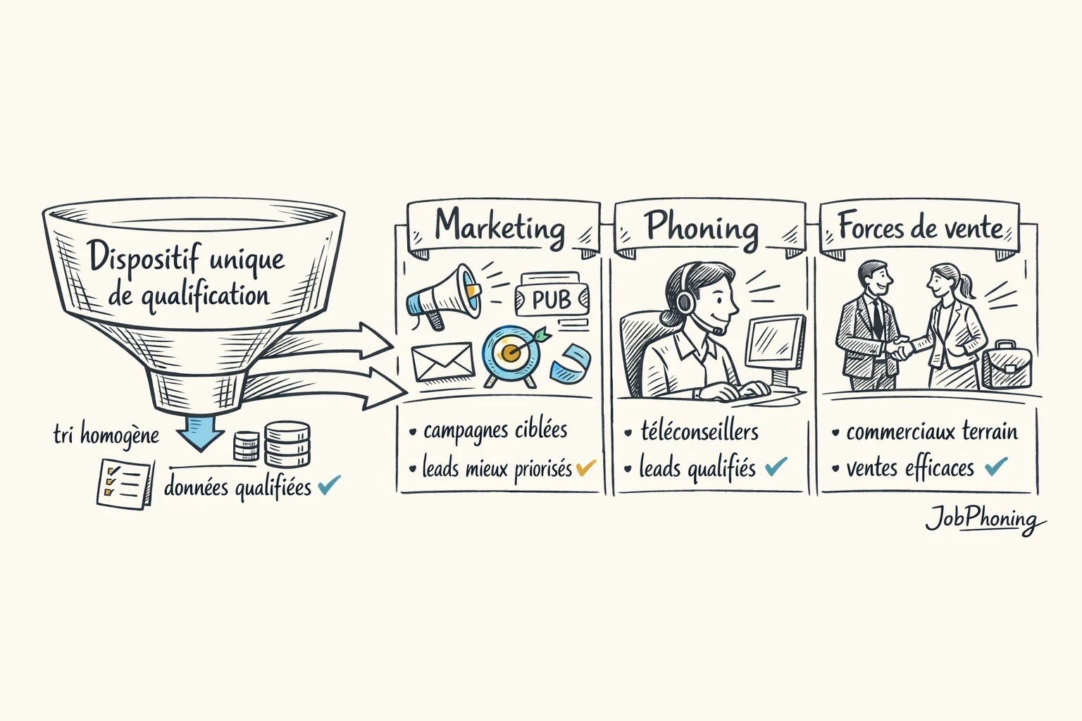Schéma représentant la qualification coordonnée des prospects via un noyau central relié à trois groupes
