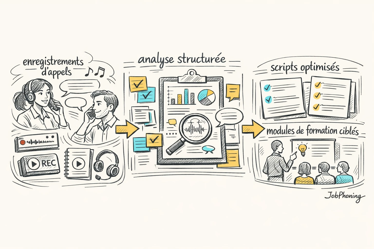 Schéma représentant l’industrialisation d’un processus d’analyse d’appels via flèches, blocs alignés et rectangles symbolisant scripts.