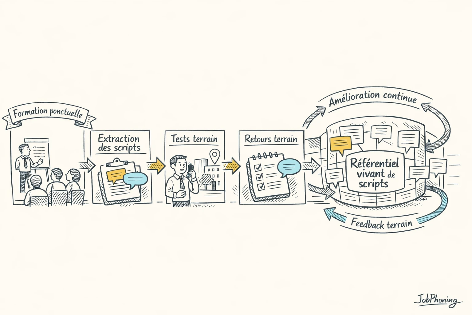 Schéma représentant la construction d’une bibliothèque de scripts d’appels via blocs reliés par flèches.