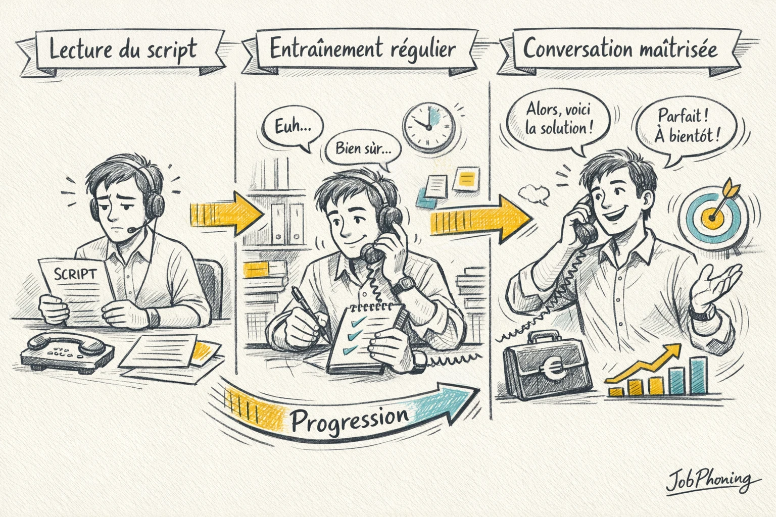 Schéma représentant un programme d’entraînement téléprospection via enchaînement de blocs reliés et flèches successives.