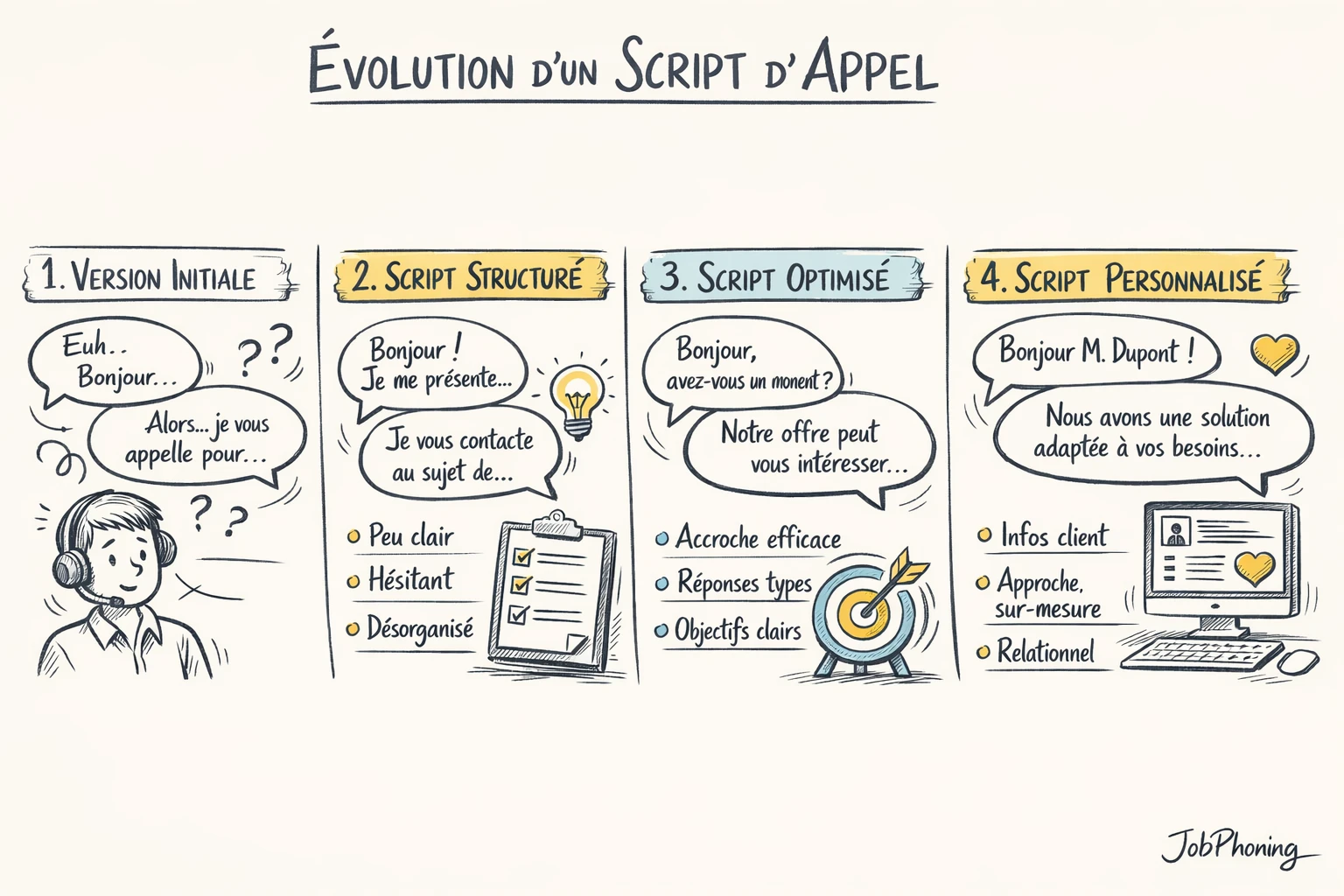 Schéma représentant un script d’appel pédagogique via enchaînement de blocs et flèches structurées.