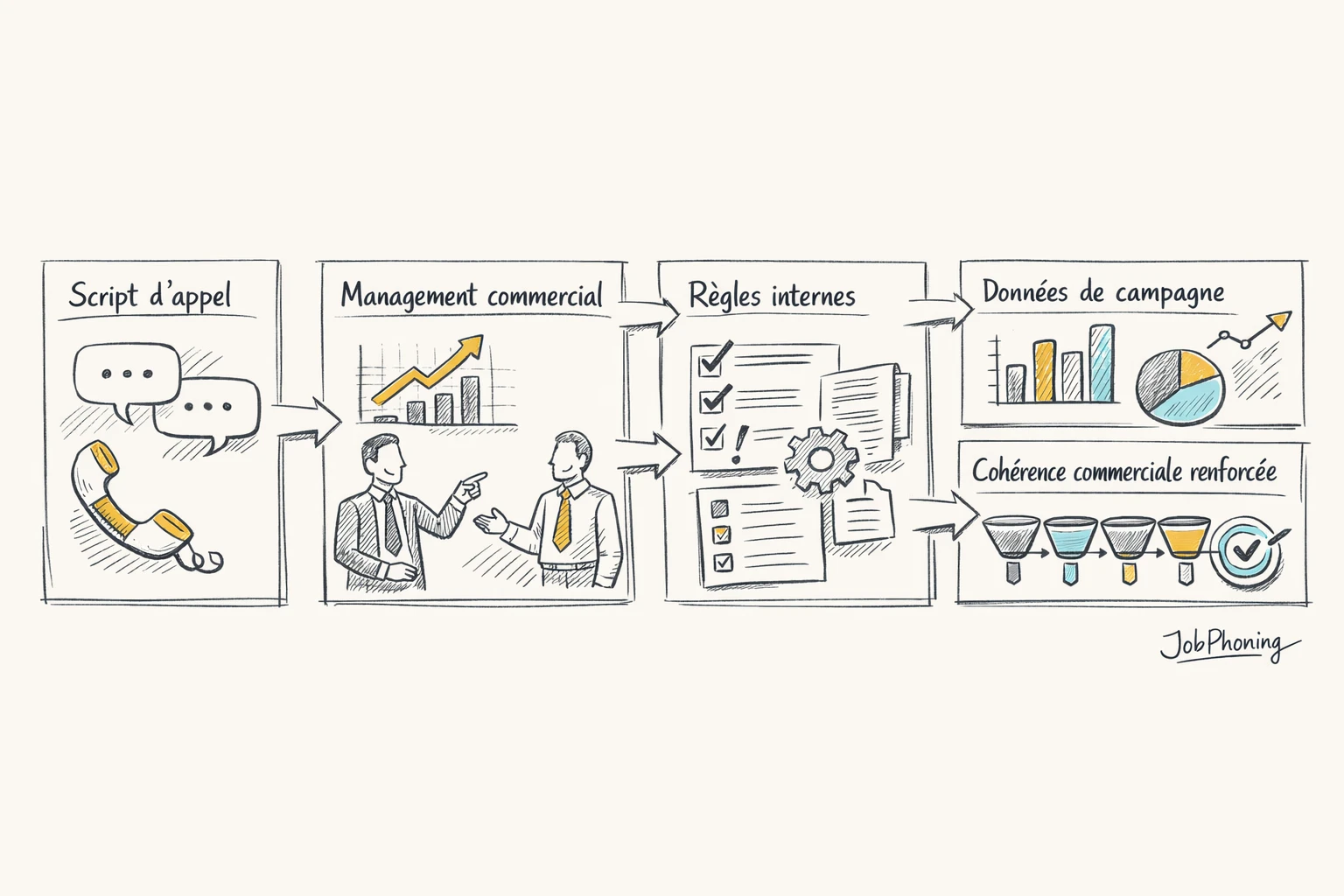 Infographie représentant l’alignement scripts d’appels, management commercial et processus internes via rectangles connectés et boucles.