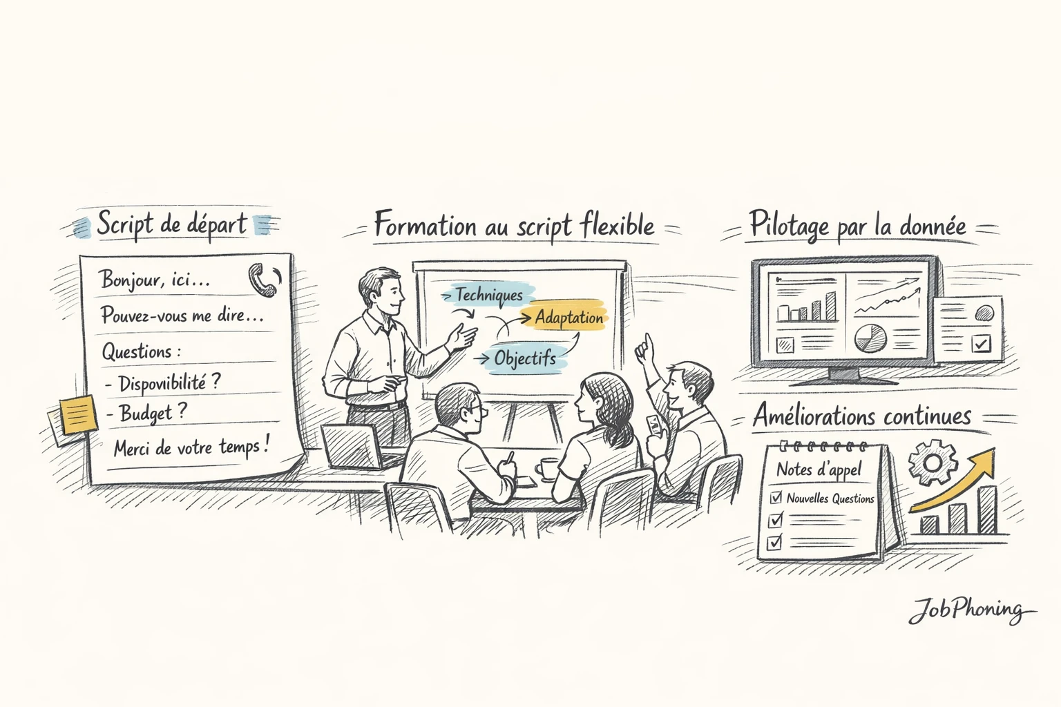 Schéma représentant une formation flexible au script d’appels via blocs reliés et flèches séquentielles