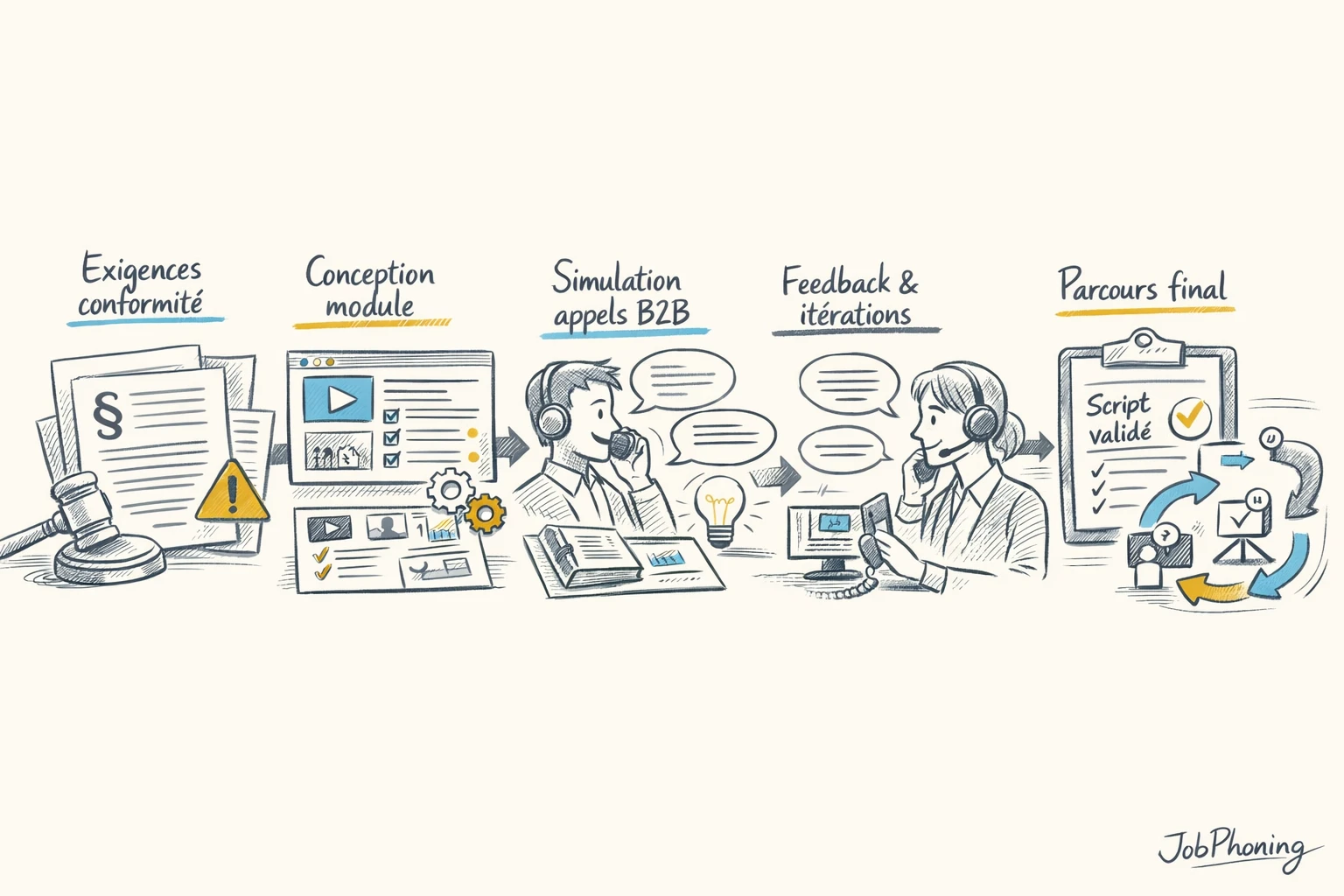 Schéma représentant la méthodologie de formation aux scripts d’appels via un enchaînement de blocs reliés