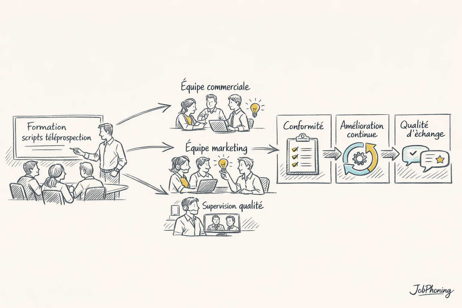 Schéma représentant la formation aux scripts de prospection via un noyau central connecté à plusieurs