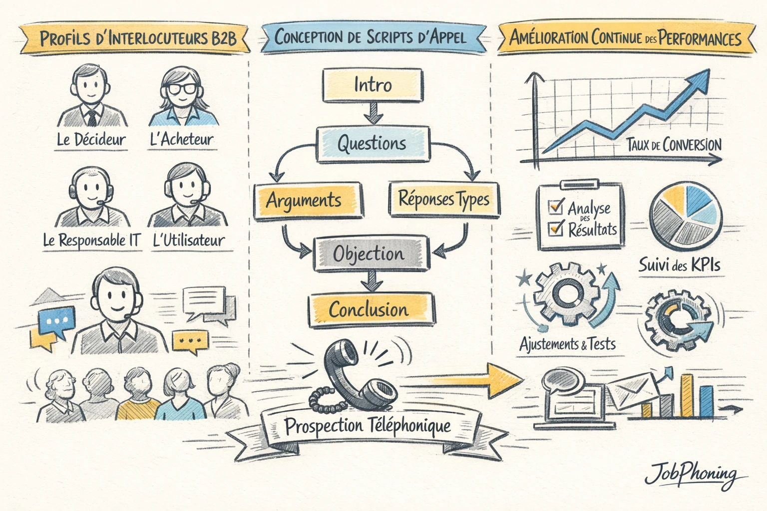 Schéma représentant une méthode de formation aux scripts d’appel via blocs alignés et flèches séquentielles.