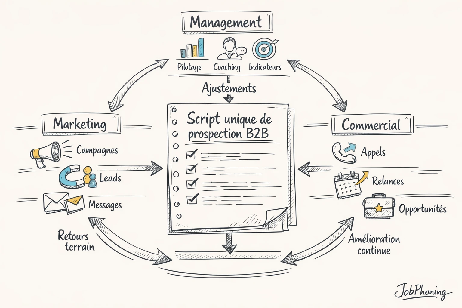 Infographie représentant la coordination autour d’un script téléphonique via blocs reliés en boucle circulaire continue.
