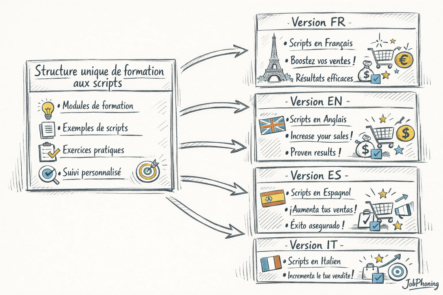 Schéma représentant une formation de scripts multilingues via blocs alignés, flèches et modules reliés