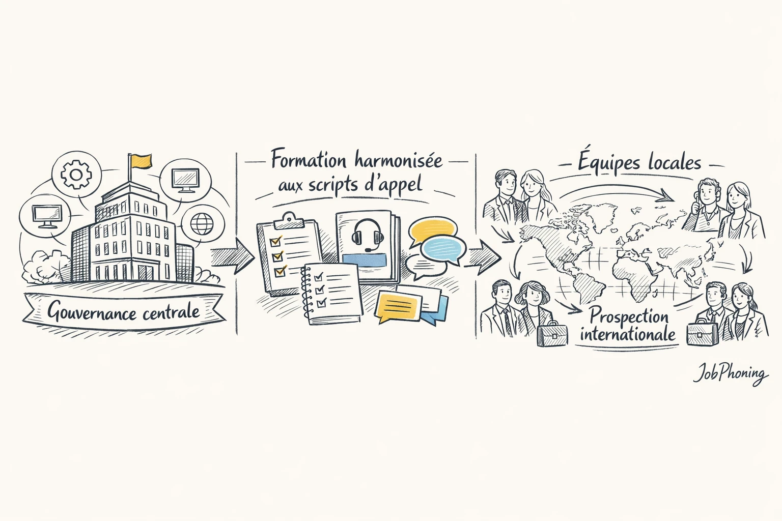 Schéma représentant la formation aux scripts d’appel via hub central et blocs régionaux interconnectés.