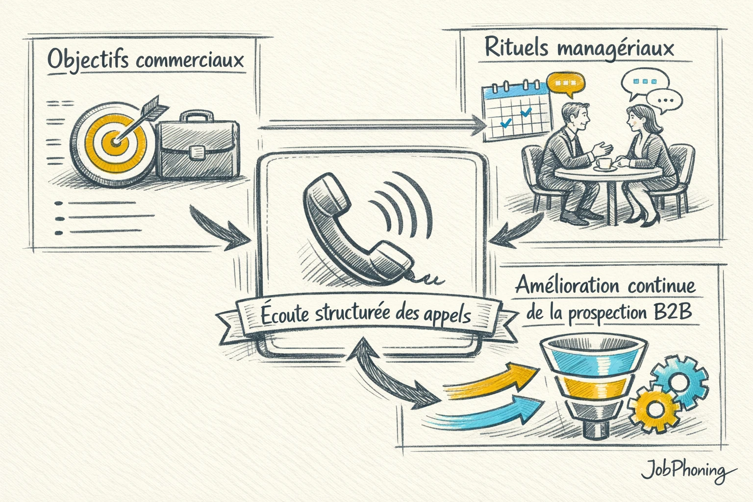 Schéma représentant l’intégration de l’analyse d’appels via un noyau central relié à plusieurs blocs géométriques.