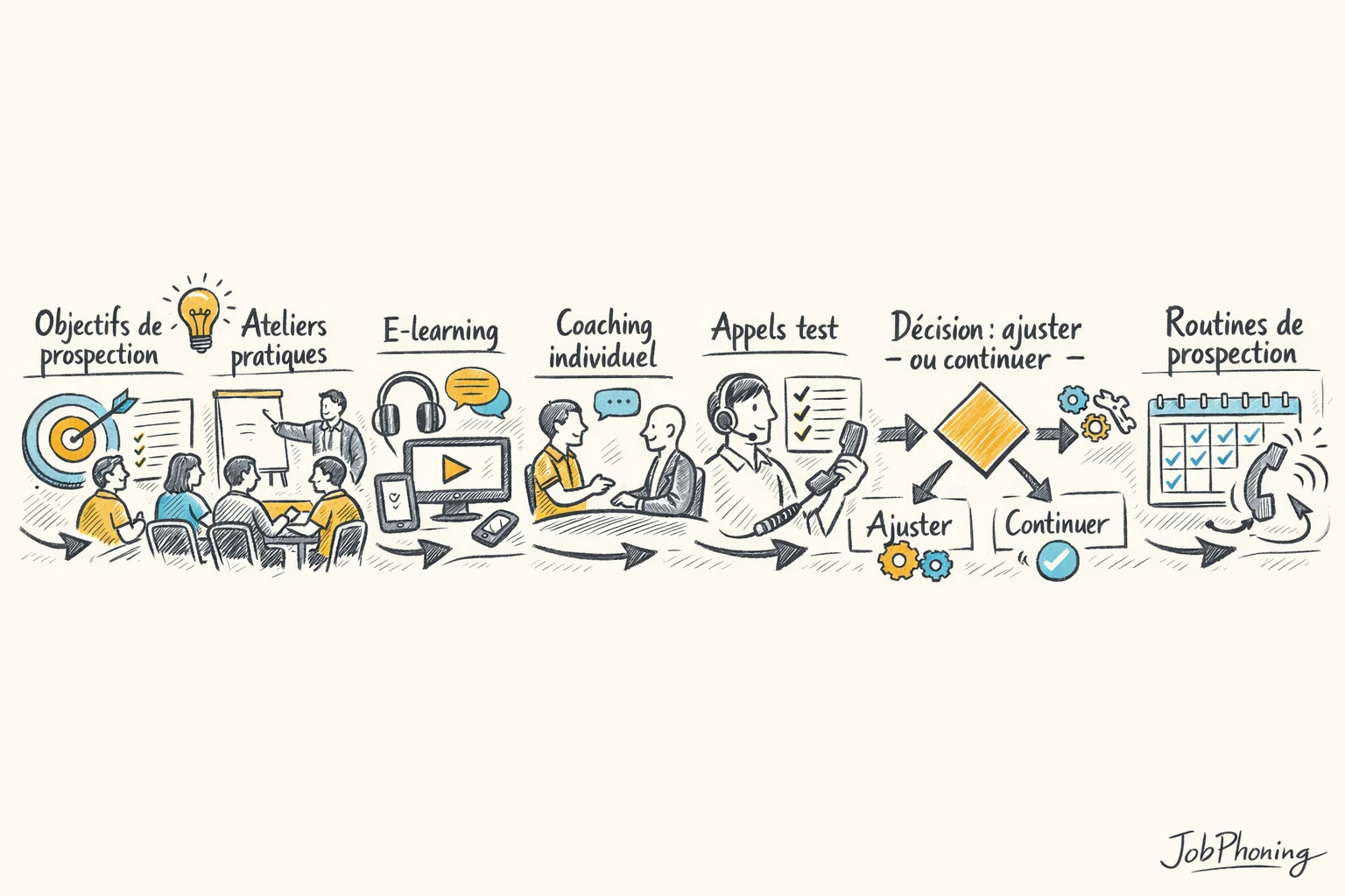 Schéma représentant un parcours de formation blended via blocs reliés illustrant objectifs, ateliers, e-learning, coaching