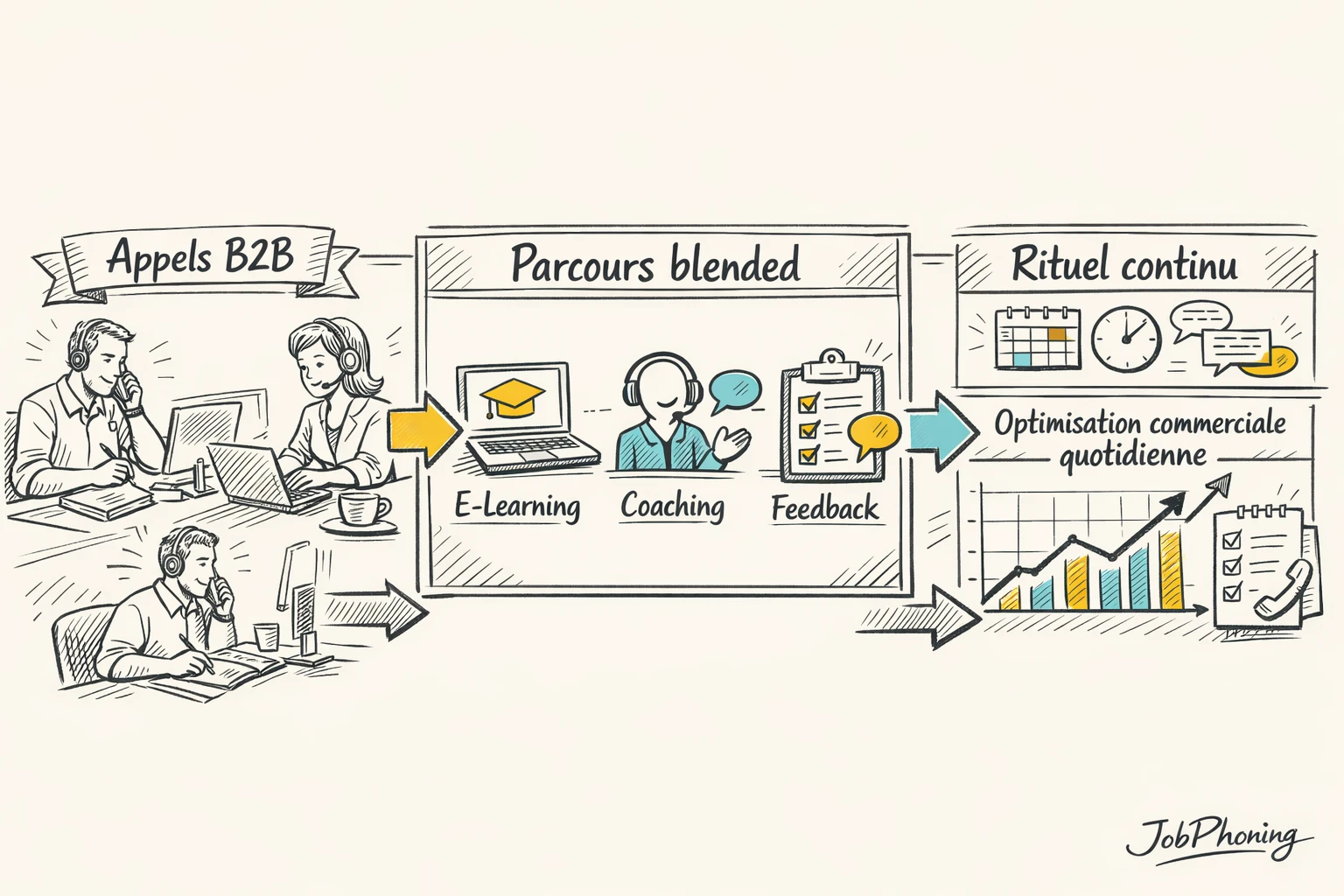 Infographie représentant l’intégration d’un parcours blended via pipeline central et modules circulaires interconnectés