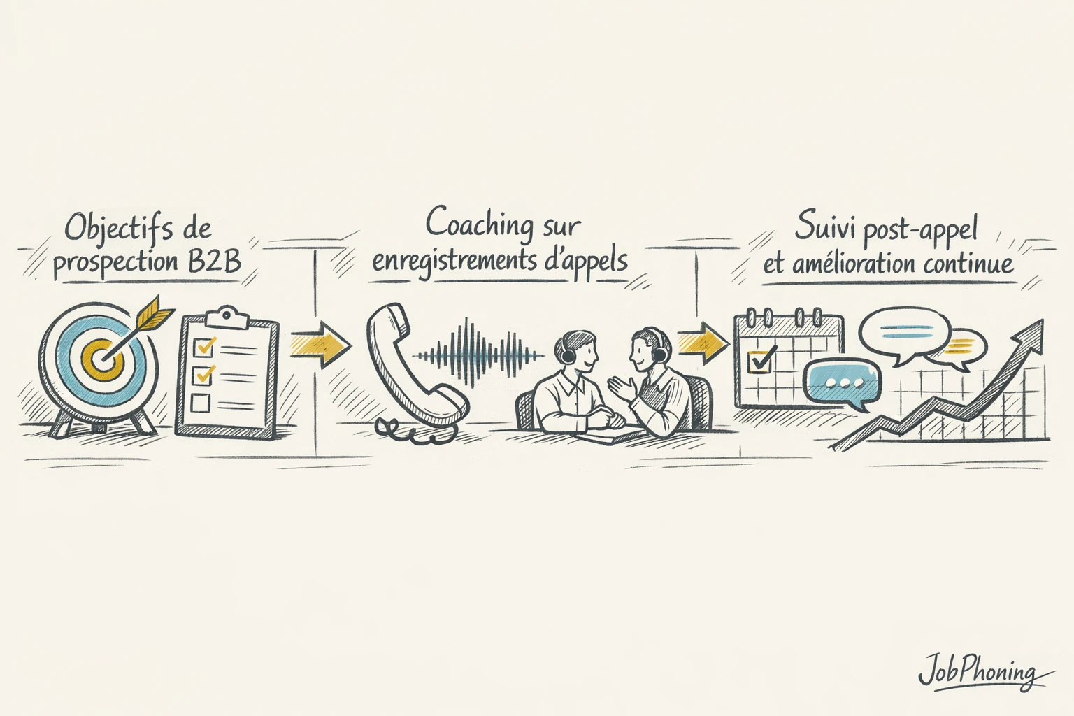 Schéma représentant un programme avancé de formation téléphonique via blocs séquentiels reliés par des flèches