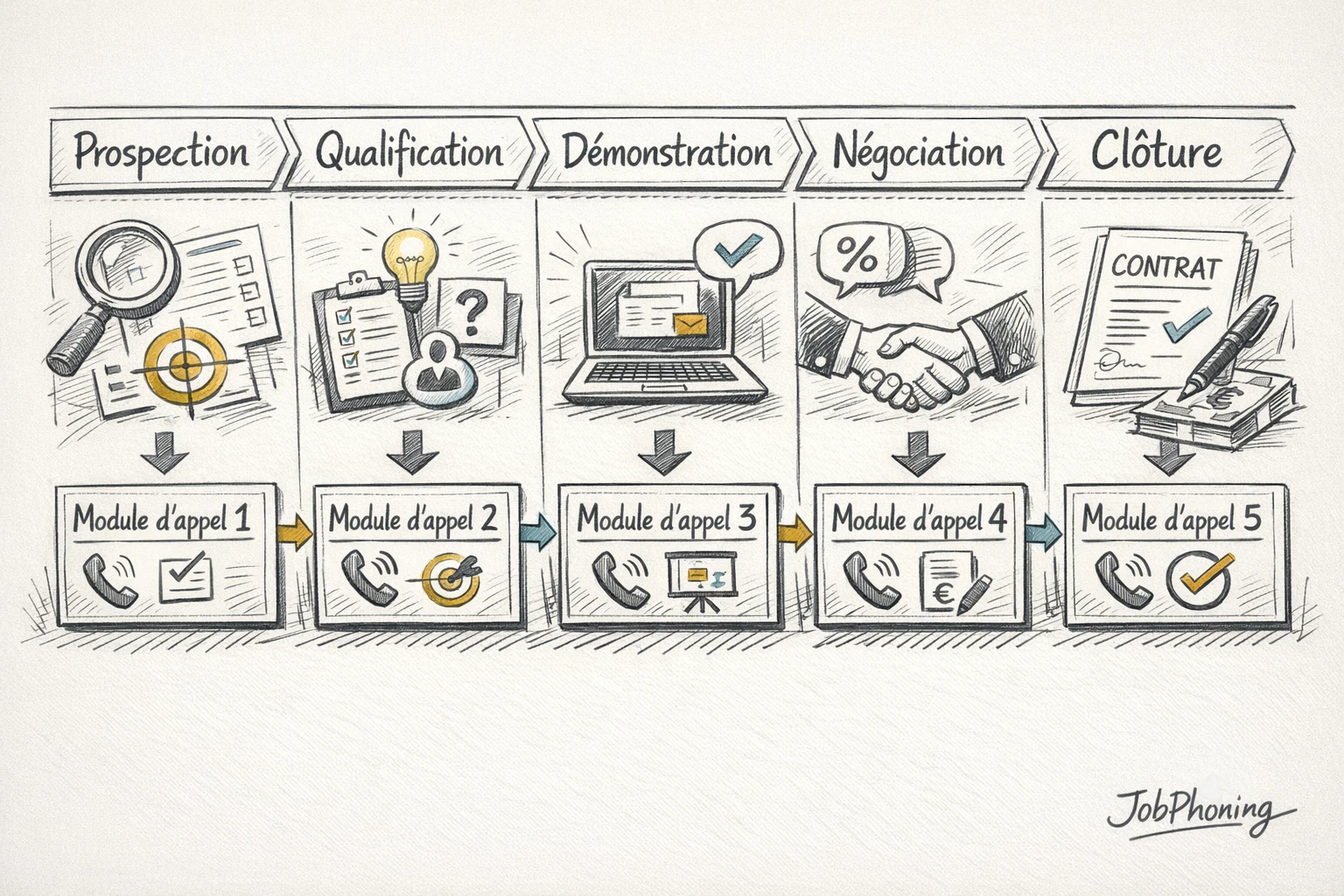 Schéma représentant l’articulation formation, prospection téléphonique et pipeline via pipeline segmenté et modules reliés.