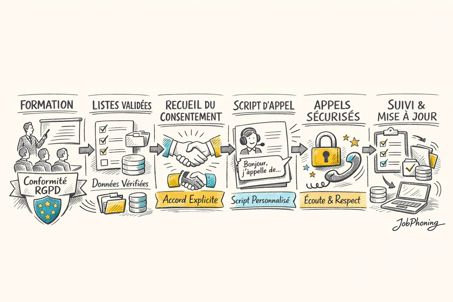 Schéma représentant un programme de formation RGPD via blocs reliés illustrant étapes clés structurées.