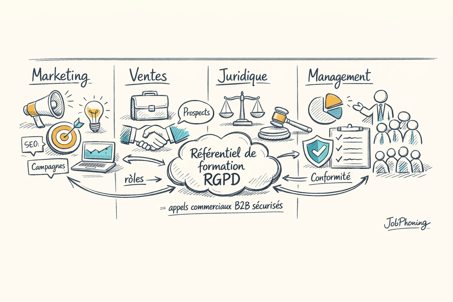 Infographie représentant l’alignement RGPD interservices via un noyau central connecté à plusieurs blocs géométriques.
