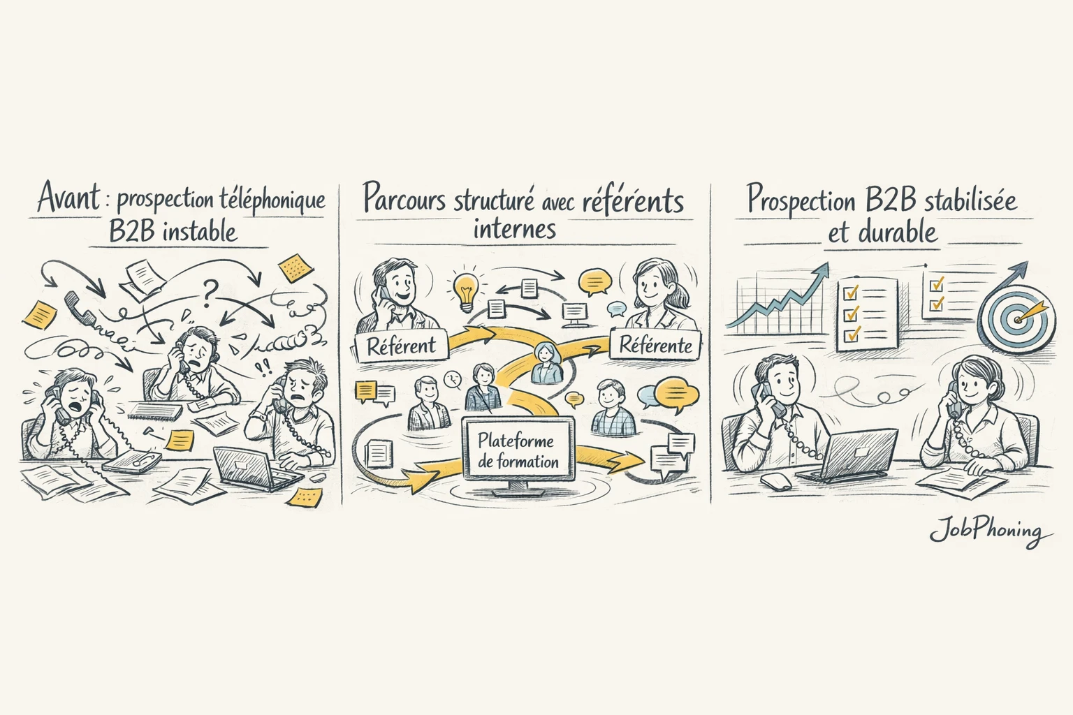 Schéma représentant un parcours de formation interne via flèches, blocs reliés, icônes abstraites d’appels et