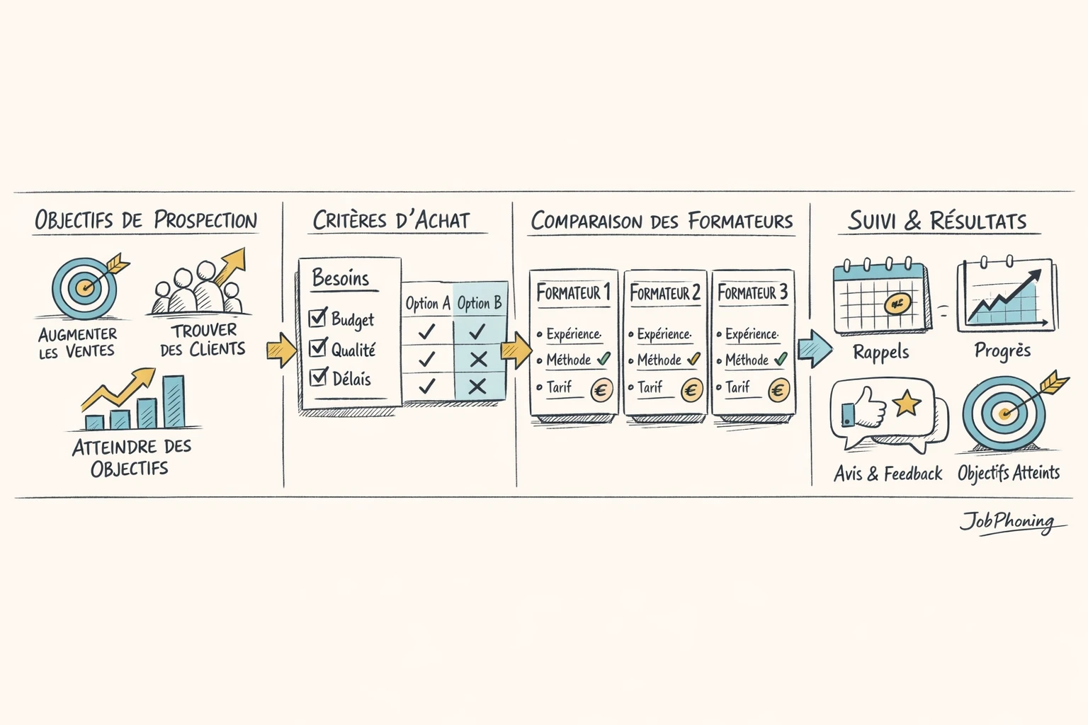 Schéma représentant un processus de sélection d’organisme de formation via blocs alignés et flèches successives.