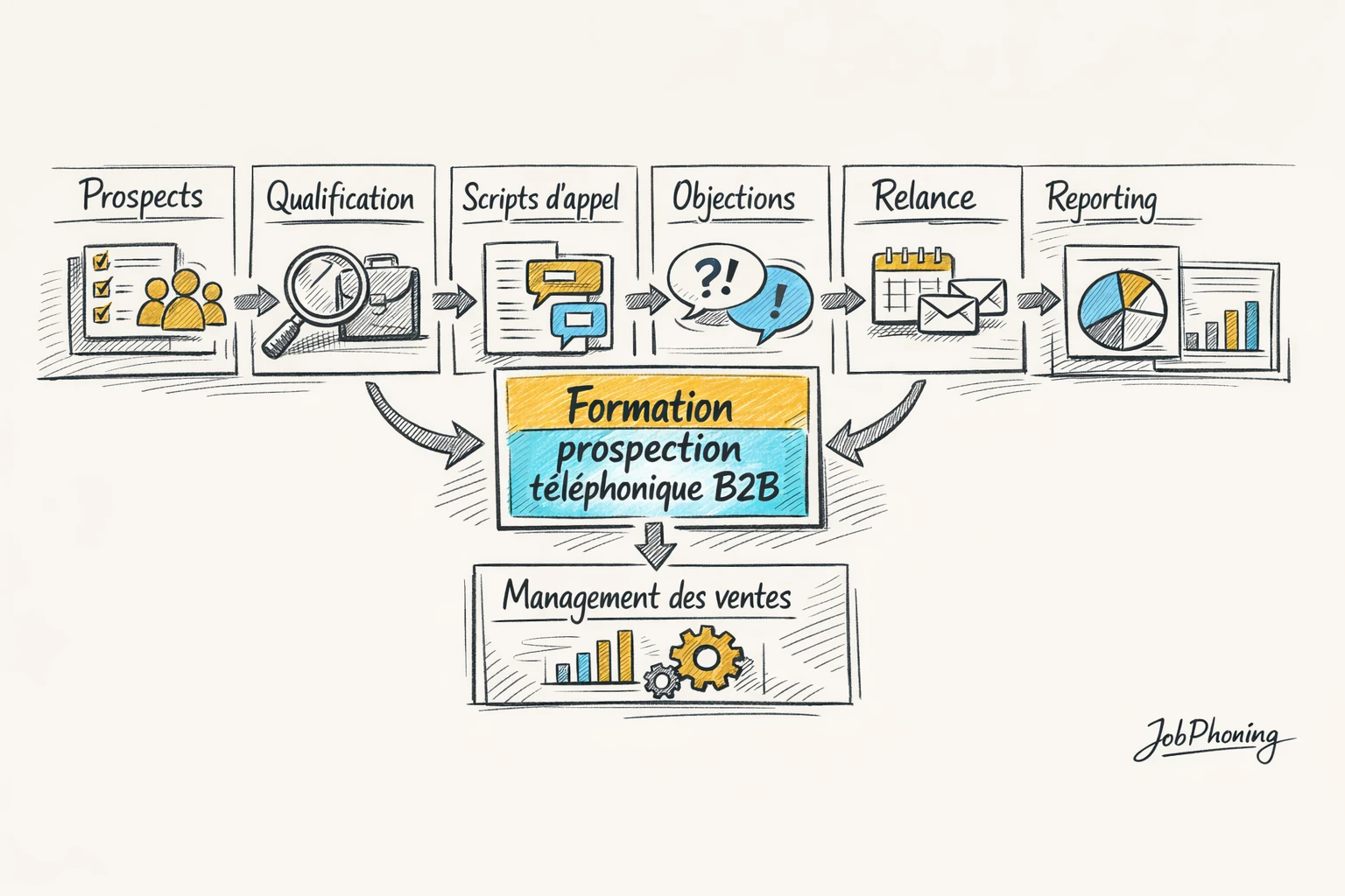 Schéma représentant l’intégration d’une formation téléprospection B2B via pipeline, hub central et modules reliés.