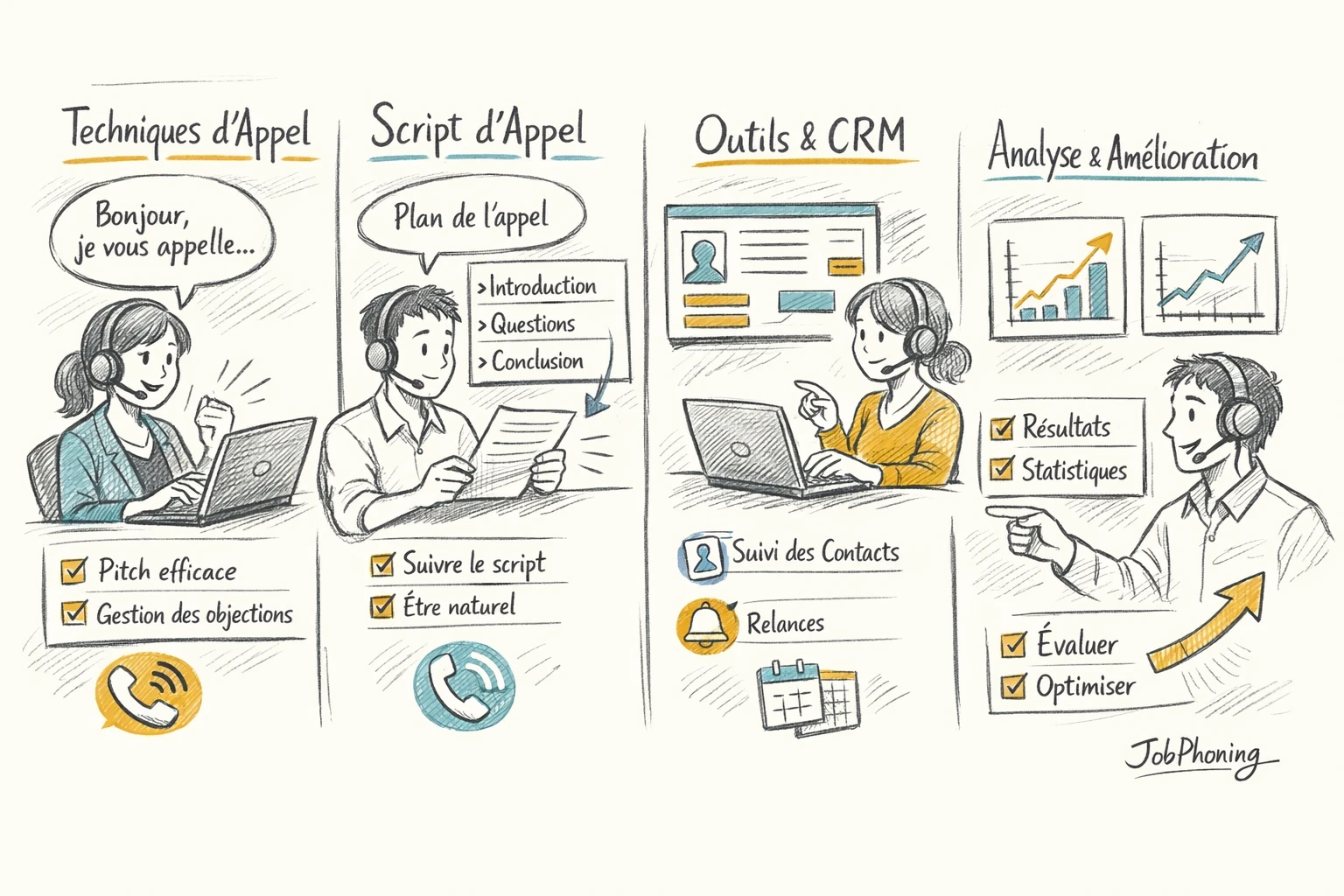 Schéma représentant un parcours de formation téléprospection via blocs reliés, flèches et icônes d’appels stylisées