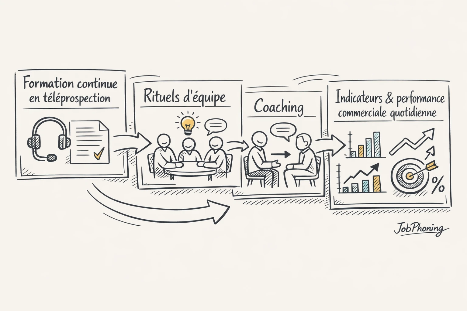 Schéma représentant l’intégration de la formation téléprospection via un hub central connecté à rituels, pipeline