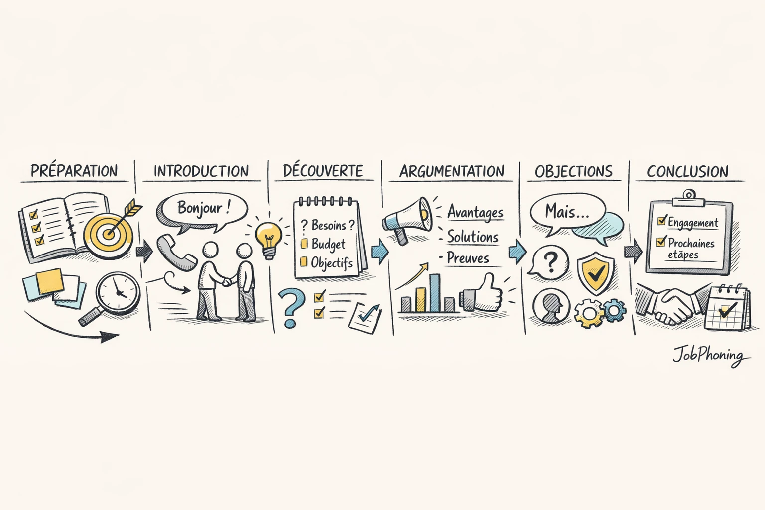 Schéma représentant un parcours d’appel de prospection structuré via enchaînement de blocs reliés par des