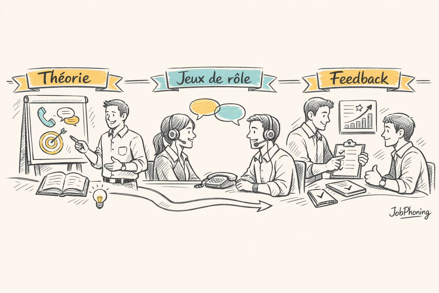 Schéma représentant un programme de formation téléprospection via enchaînement de blocs et flèches simplifiés