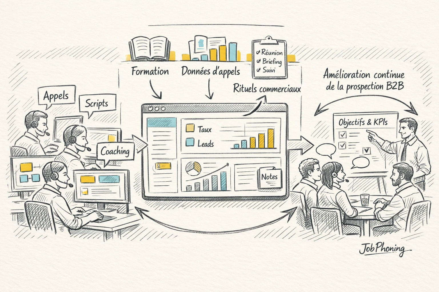 Infographie représentant l’intégration de la formation téléprospection via un hub central et des blocs reliés