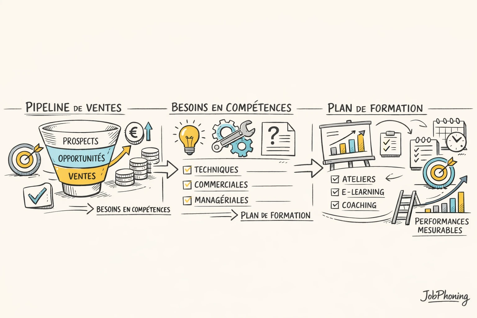 Schéma représentant la définition d’un plan de formation commerciale via blocs reliés et flèches.