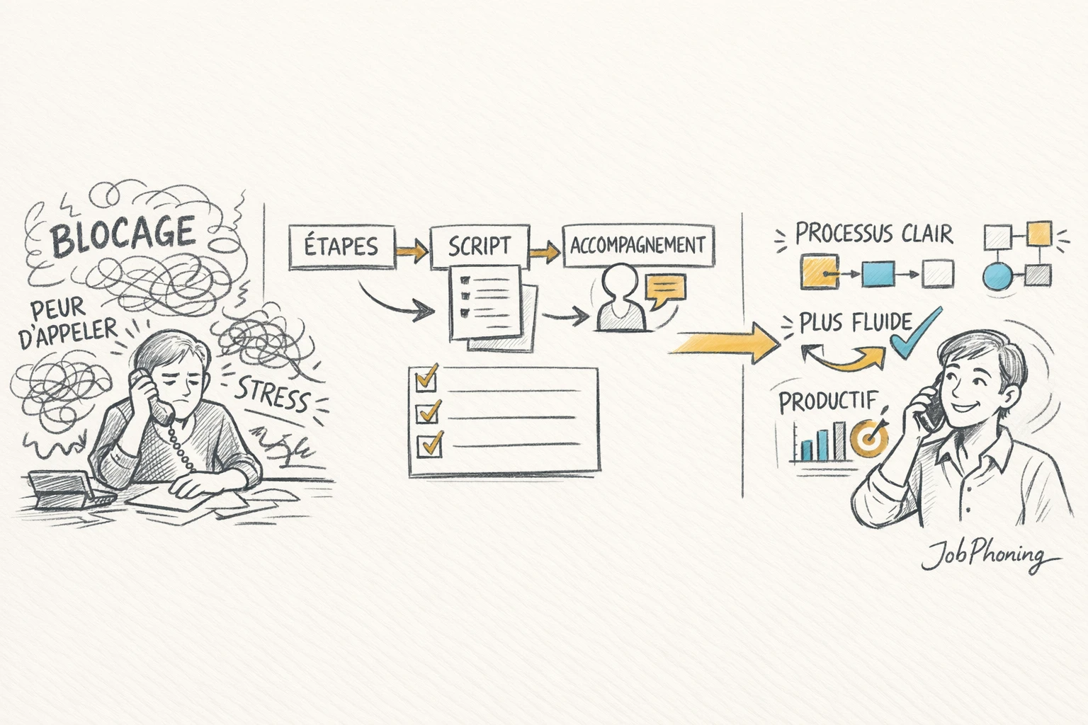 Infographie représentant la difficulté des appels téléphoniques via un labyrinthe relié à un pipeline structuré