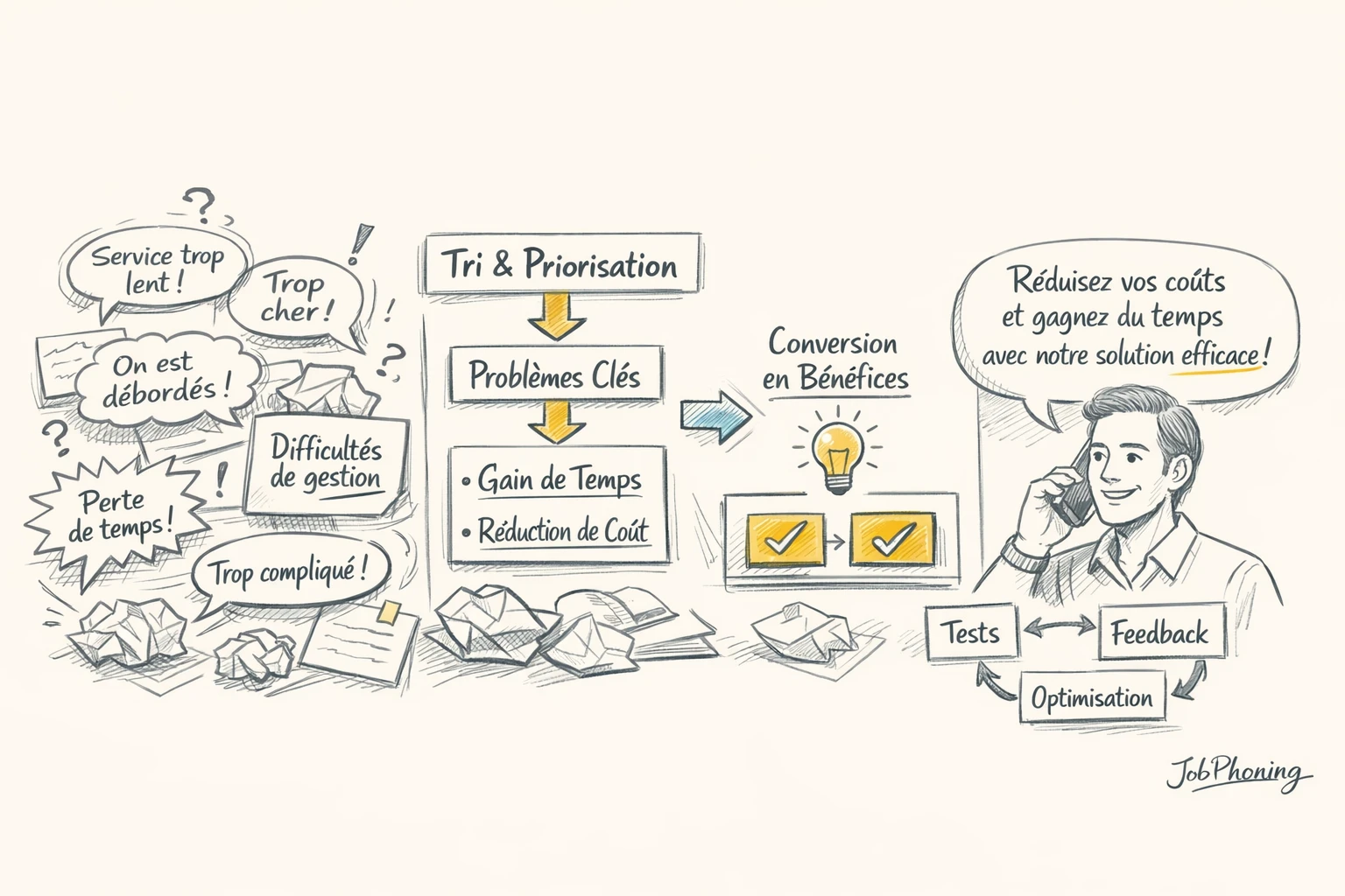 Schéma représentant l’élaboration d’un argumentaire d’appel via blocs successifs reliés par des flèches minimalistes.