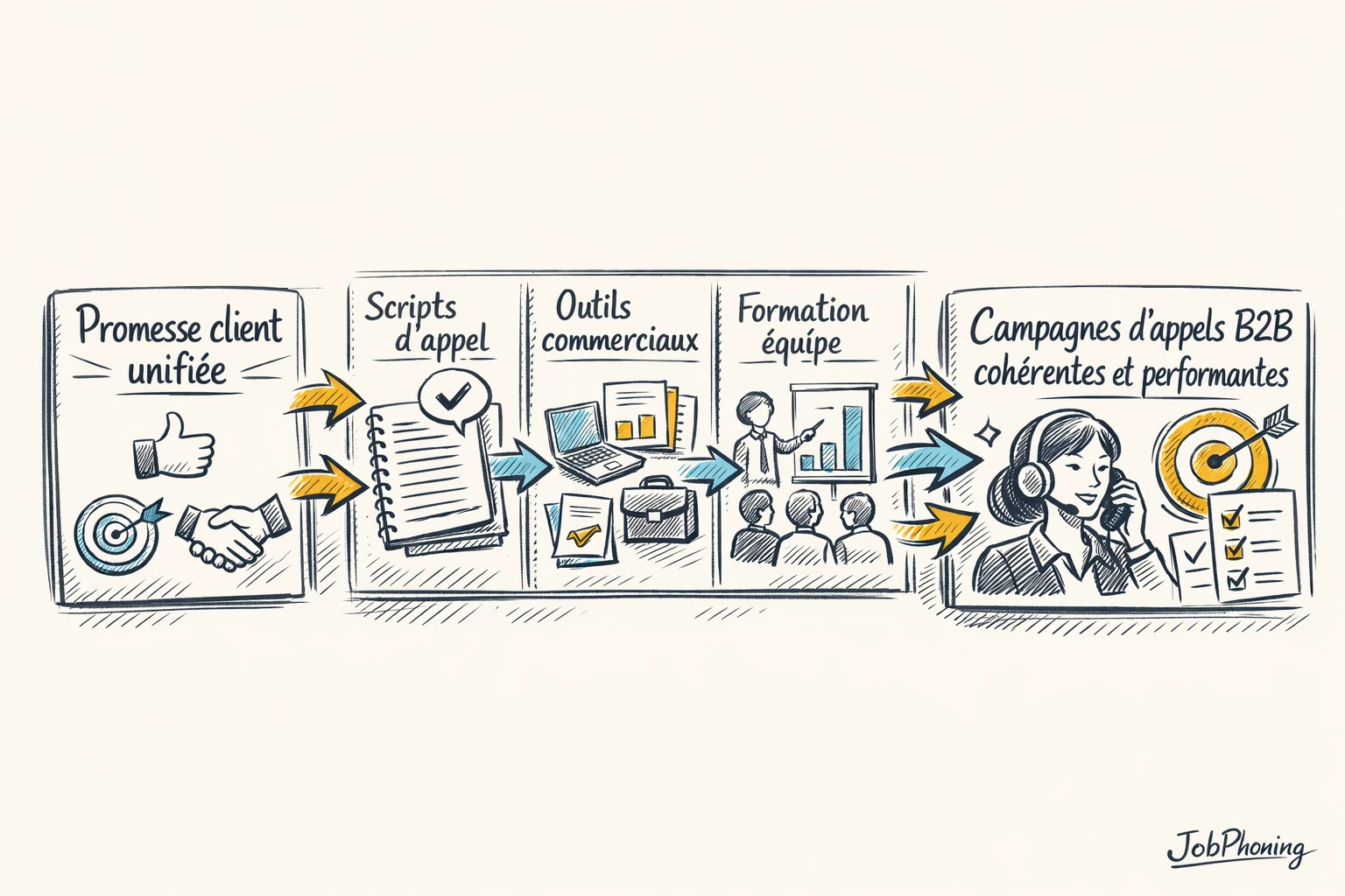Infographie représentant l’alignement d’une promesse client via un noyau central connecté à plusieurs blocs organisationnels.