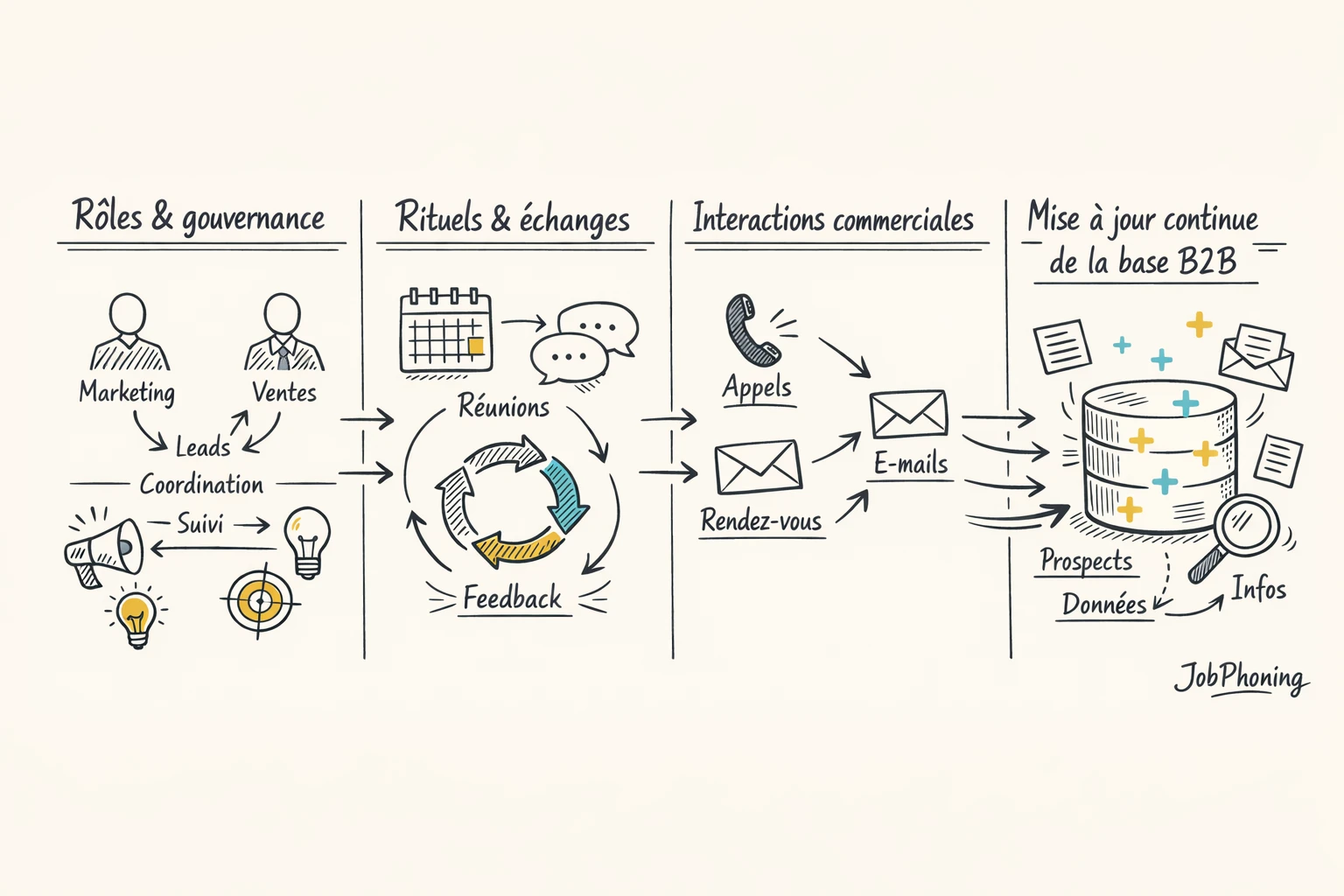 Infographie représentant la gouvernance des données B2B via un hub central connecté à plusieurs nœuds