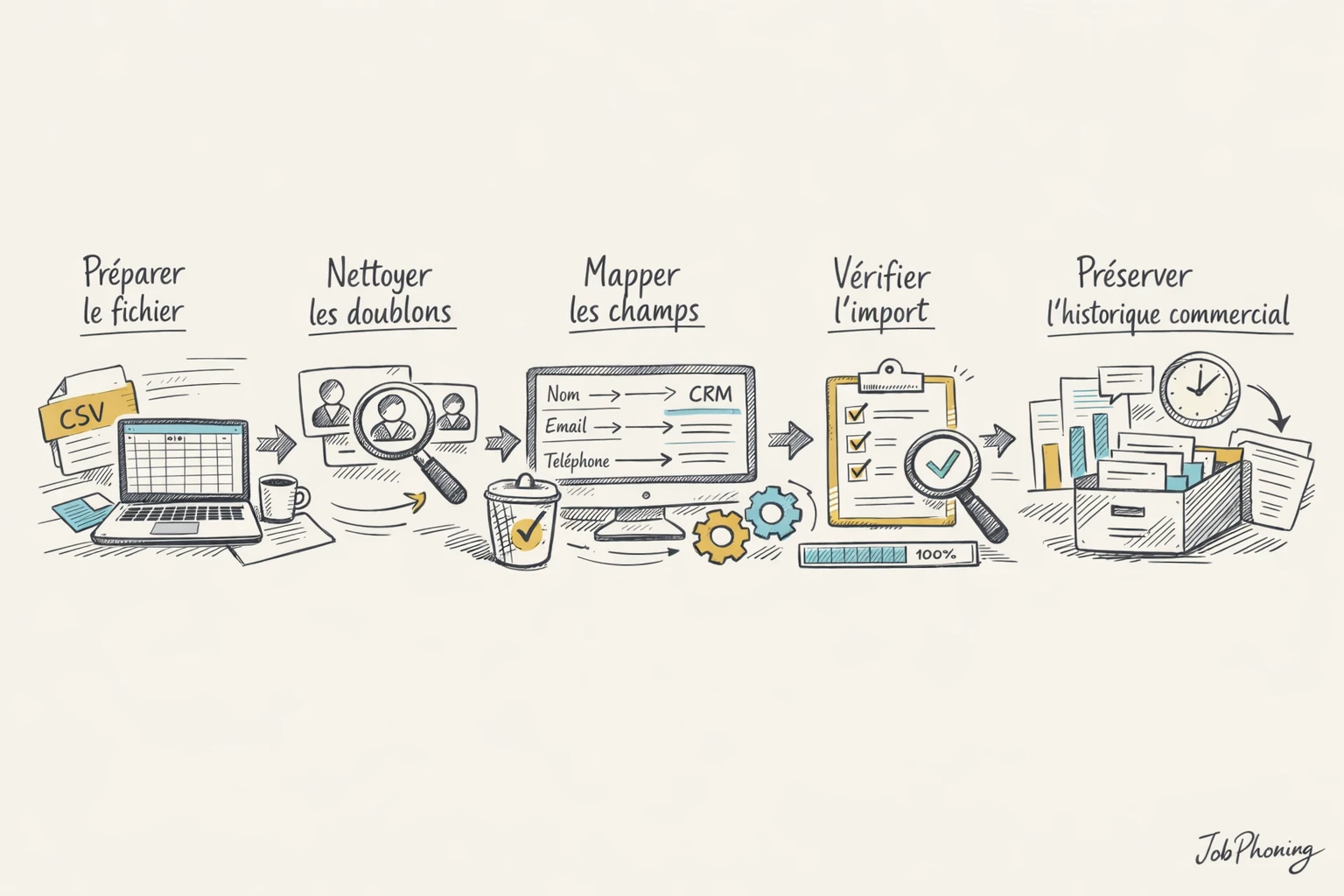 Schéma représentant la fusion contrôlée d’un fichier B2B avec un CRM via blocs et flèches