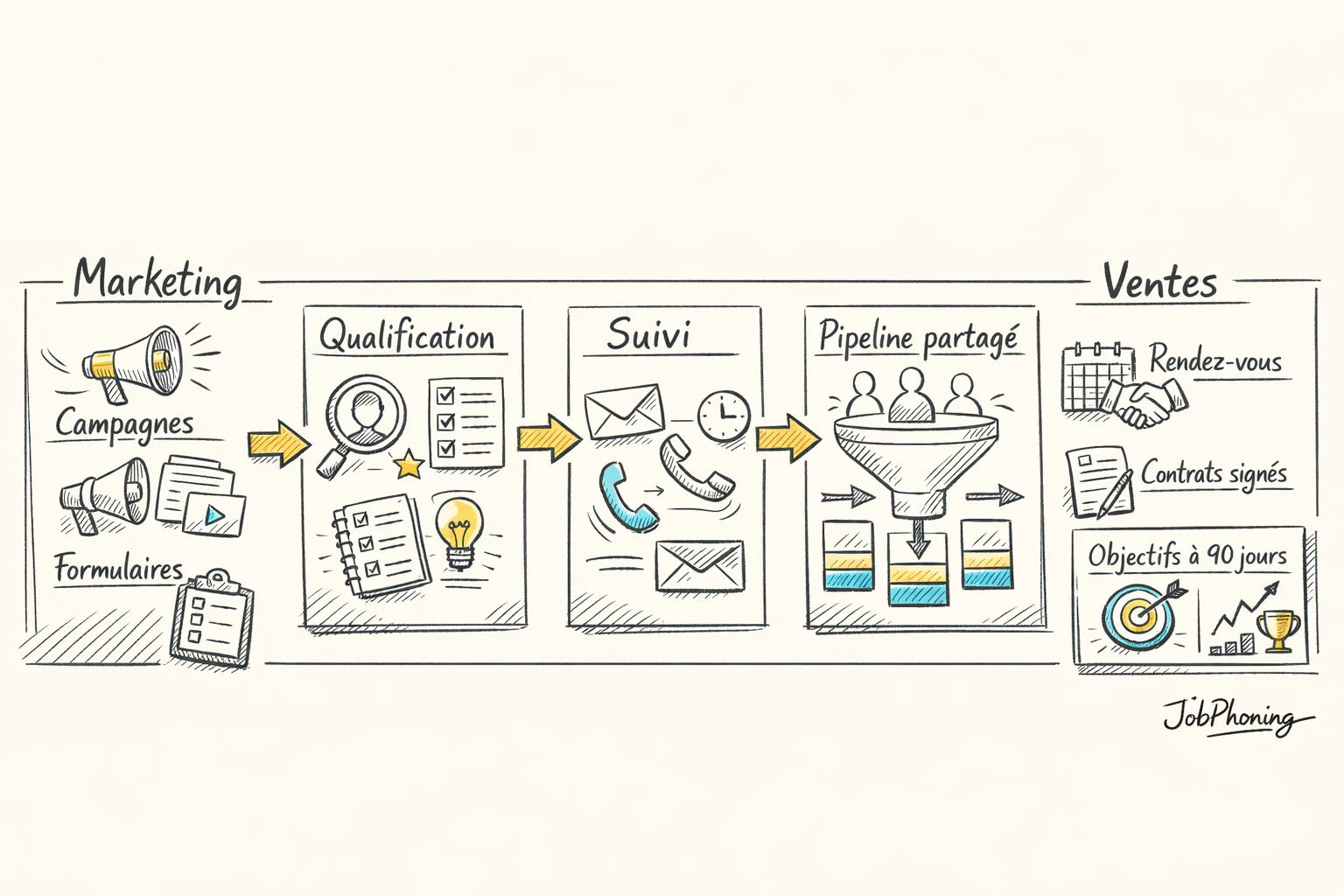 Infographie représentant la coordination marketing-ventes via pipeline central, calendriers et flux de leads colorés.
