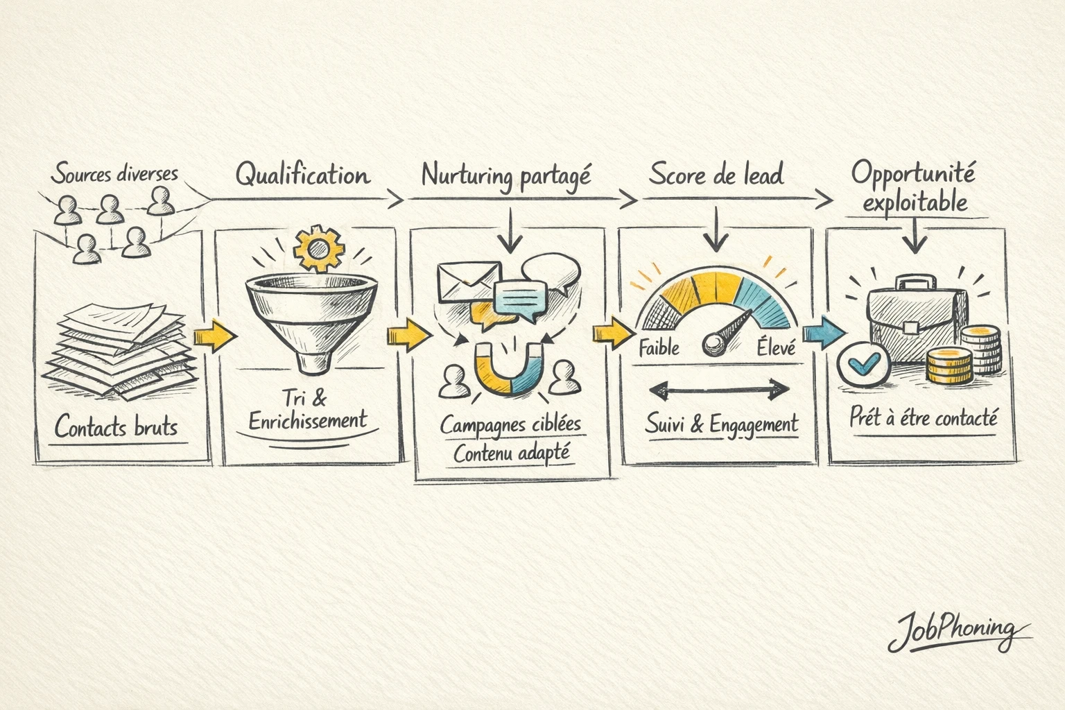 Schéma représentant un parcours de leads partagé via blocs alignés et flèches séquentielles