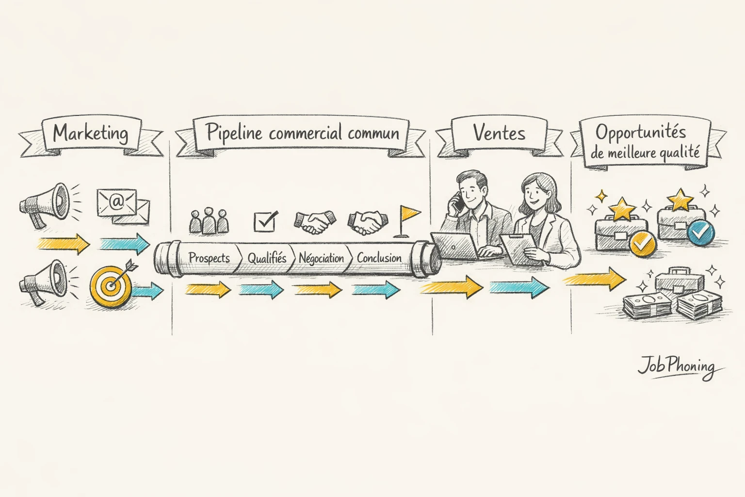Schéma représentant l’alignement marketing-ventes via un pipeline central reliant deux blocs symétriques