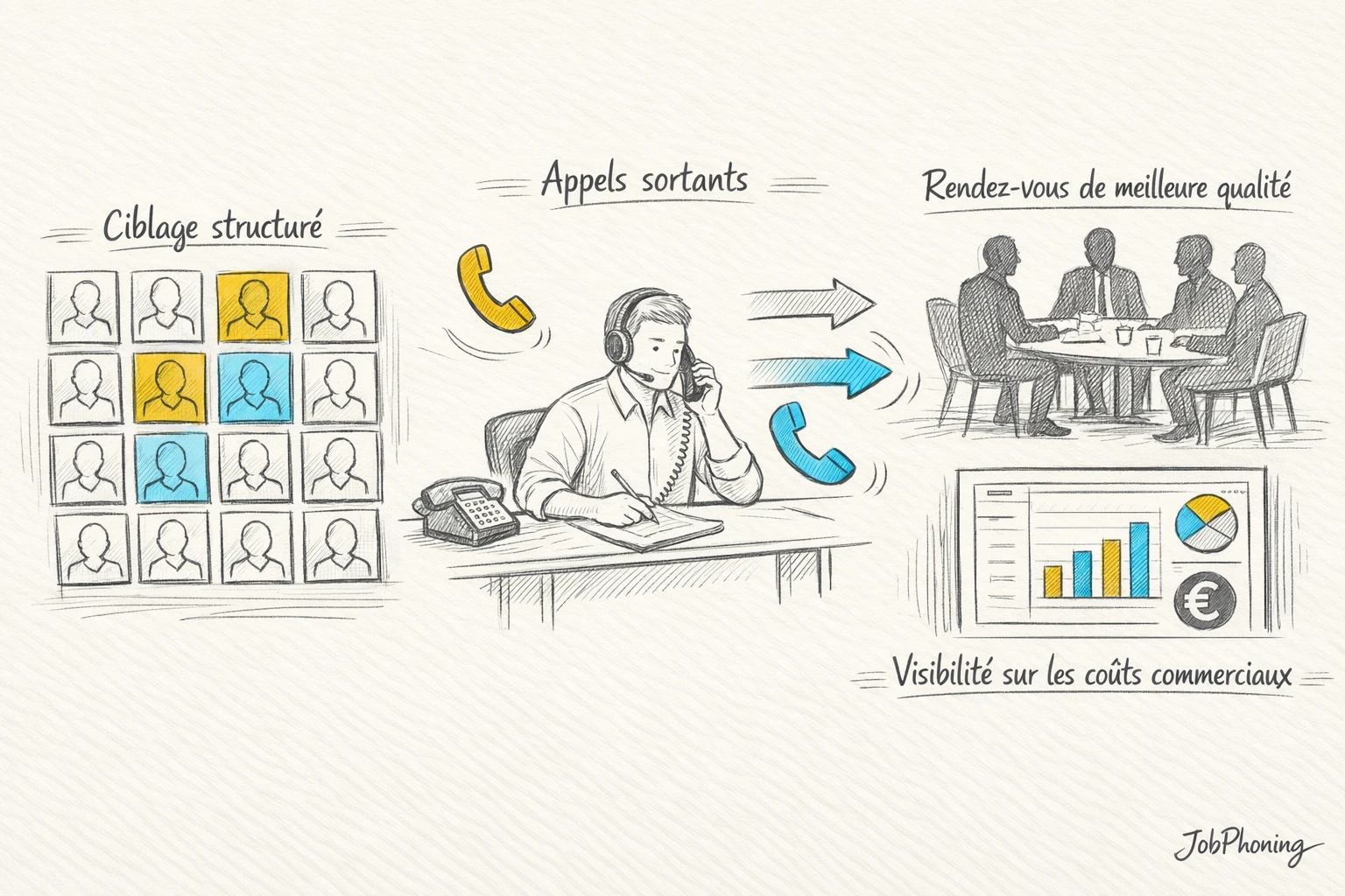 Infographie représentant comparaison de stratégies de prospection B2B via blocs colorés alignés