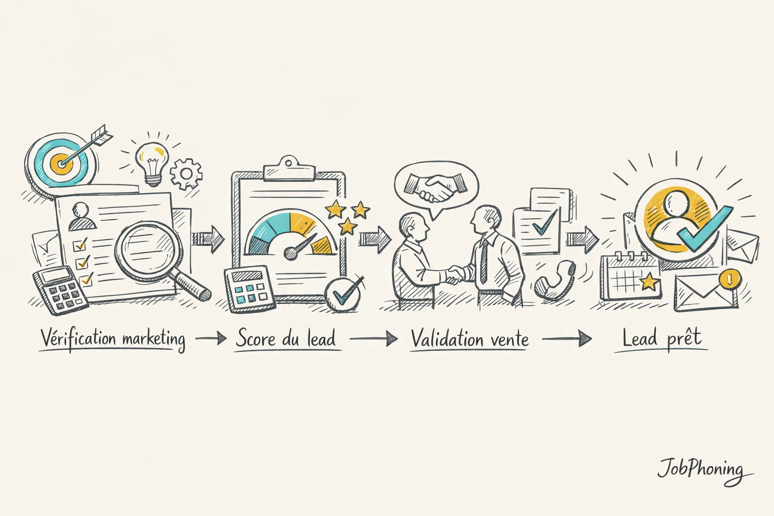 Schéma représentant la qualification des leads via flèches, blocs alignés et icônes abstraites marketing-vente.
