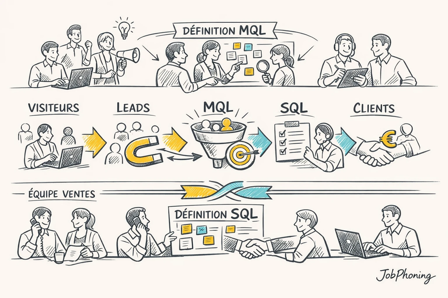Schéma représentant la distinction MQL et SQL via pipeline segmenté, flèches bidirectionnelles et blocs alignant