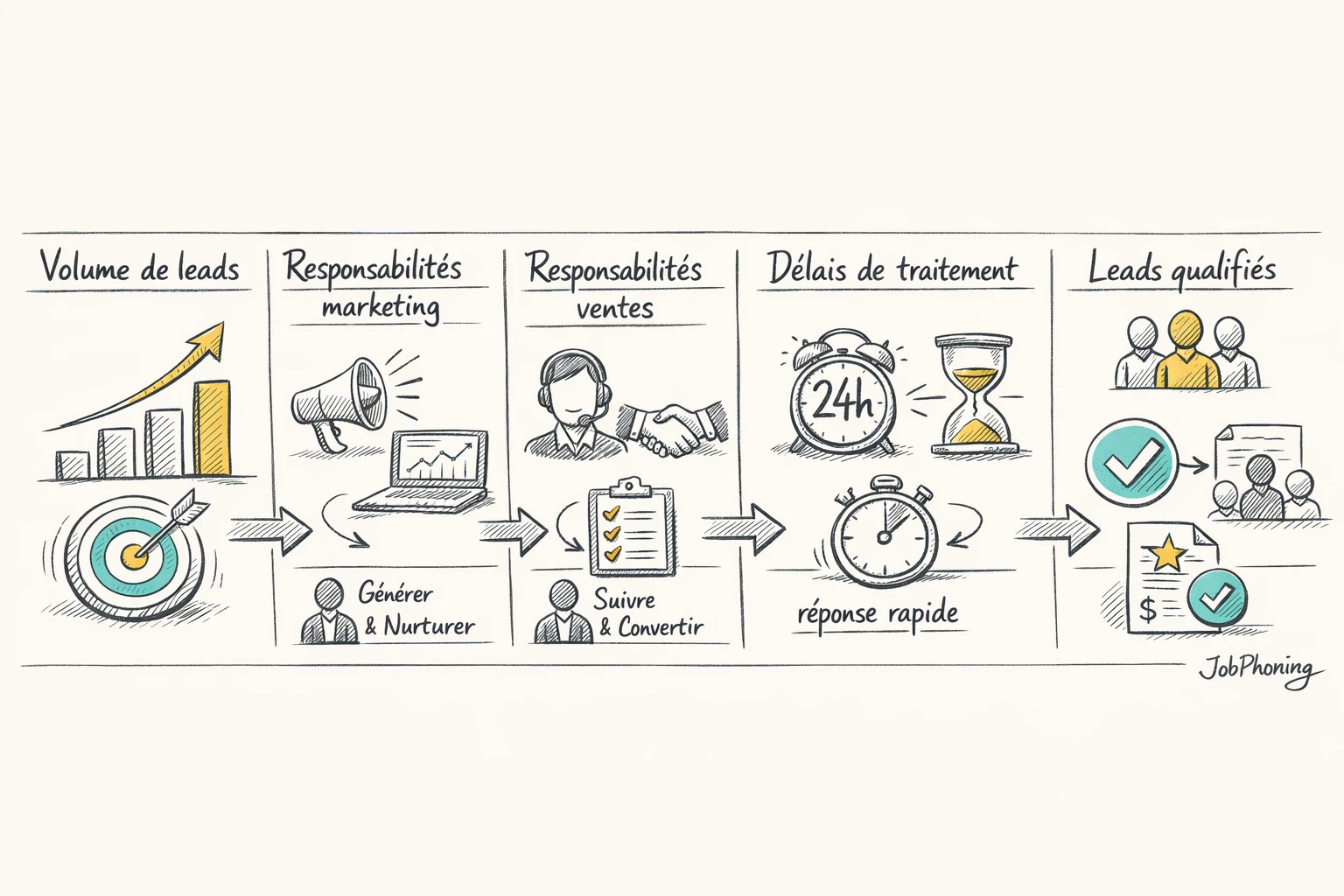 Schéma représentant un SLA marketing-ventes via enchaînement de blocs reliés et flèches minimalistes.