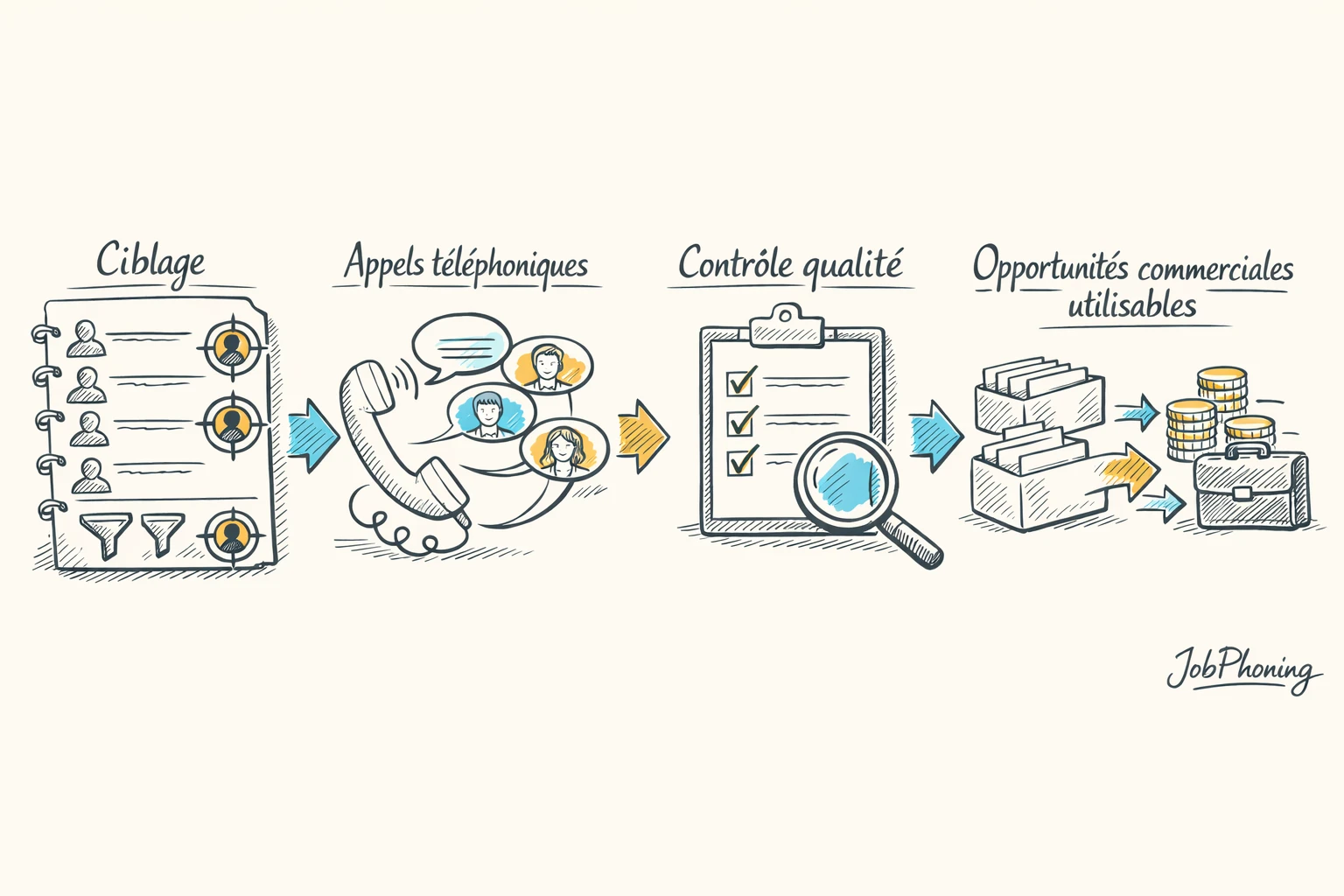 Schéma représentant un parcours de génération de prospects qualifiés via blocs reliés et flèches minimalistes.