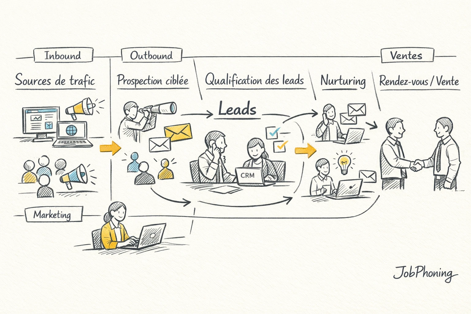Schéma représentant l’alignement marketing-ventes via deux entonnoirs reliés à un pipeline central.