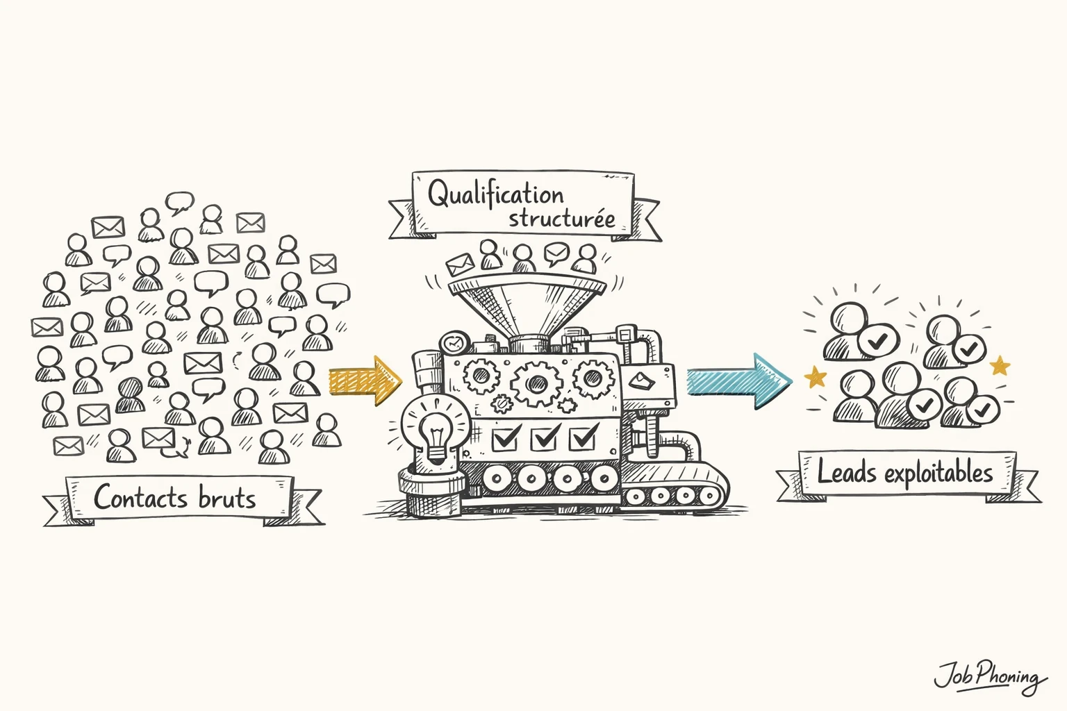 Schéma représentant la sélection de prospects B2B via entonnoir, pipeline segmenté et blocs filtrés colorés.