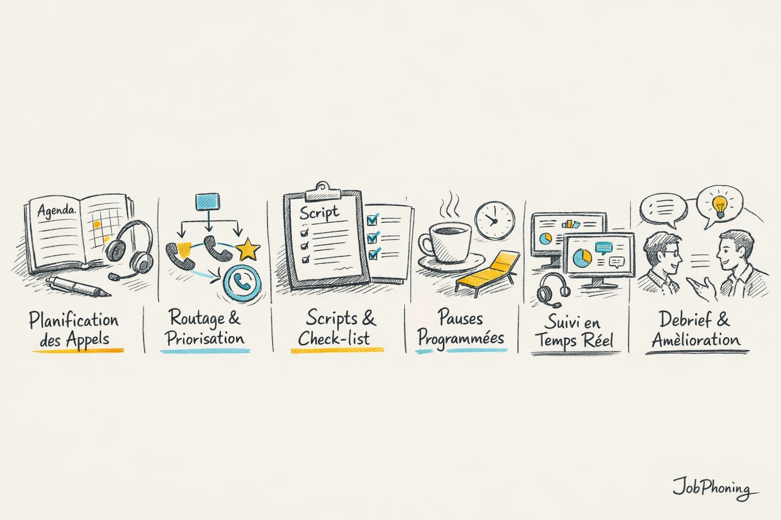 Schéma représentant l’organisation d’une campagne d’appels à distance via étapes reliées et blocs structurés