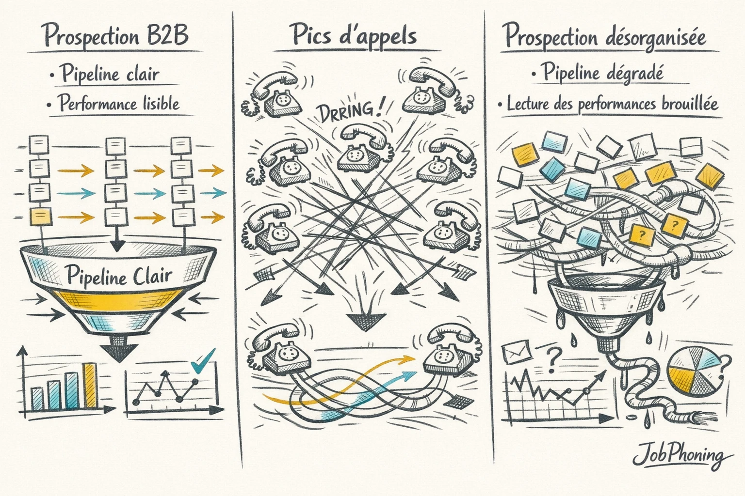 Infographie représentant la pression des appels sur une campagne via pipeline bleu et flux jaune